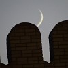 Khujand Fortress and the moon. It is possible to see sections of the walls in the original brickwork.