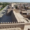 The plan view of Khiva's city walls. The surrounding walls are 6 to 8 m high and 6 m thick at their base. As in other cities in Central Asia the city walls were built of sun-dried bricks.