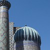 Zooming on the Sher-Dor Madrasah. Especially impressive is the ribbed dome flanking its portal.