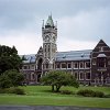The clock tower of the Otago University in Dunedin.
Dunedin is the second-largest city in the South Island of New Zealand. The majority of its citizens is of scottish heritage and the scottish influences are omnipresent in the cityscape.