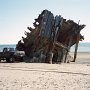 An abandoned shipwreck on the Queen Charlotte Islands. Typical for the Canadians: they drive everywhere with their pick-ups, even on the beach.<br/>The Queen Charlotte Islands are home to the indigenous Haida people, which are famous for their artworks, especially the imposing totem poles.